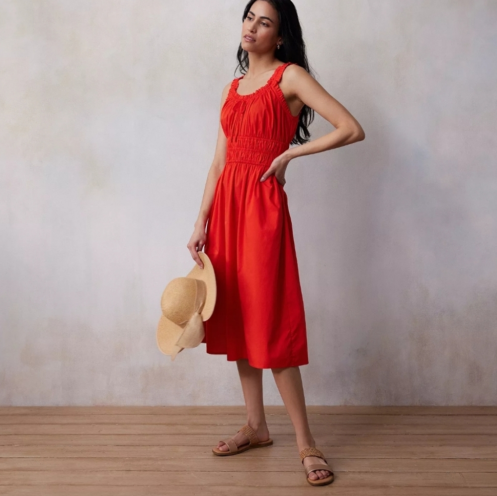 LC Lauren Conrad XS Shirred Tank Midi Dress Coral Orange Smocked Ruffle Pockets